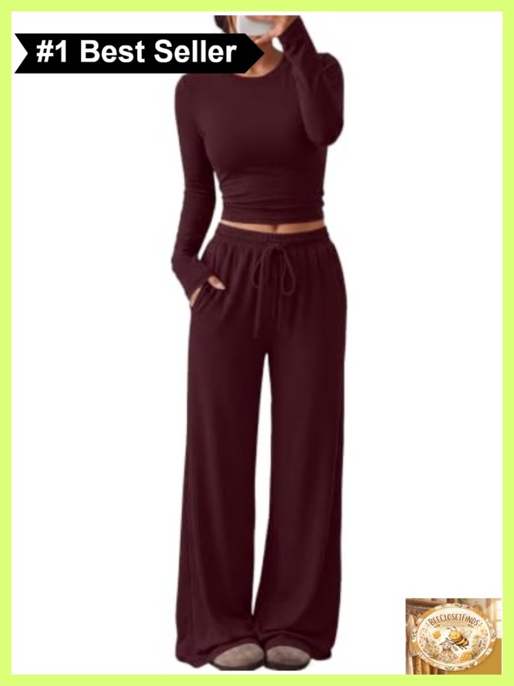 Women's 2 Piece Lounge Set Long Sleeve Top Wide Leg Pants Pockets